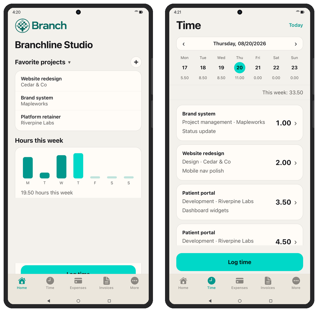 Branch Android app on two phones: home with weekly hours and the time-entry calendar for Branchline Studio.