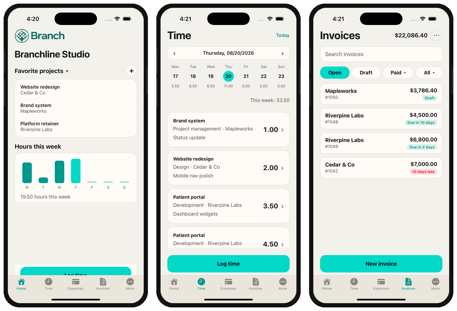 Branch iOS app on three iPhones: home, time calendar, and invoices for the Branchline Studio demo.