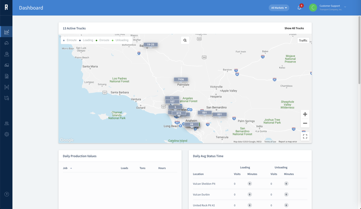 Ruckit dashboard map with geofences and vehicle markers.