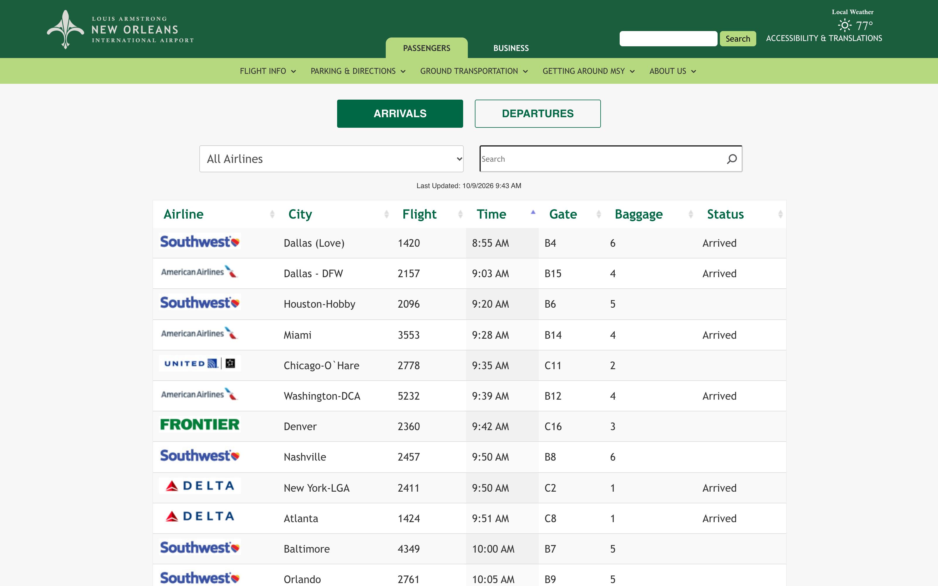 MSY flight status with arrivals, airline, city, gate, and live status from the airport board.