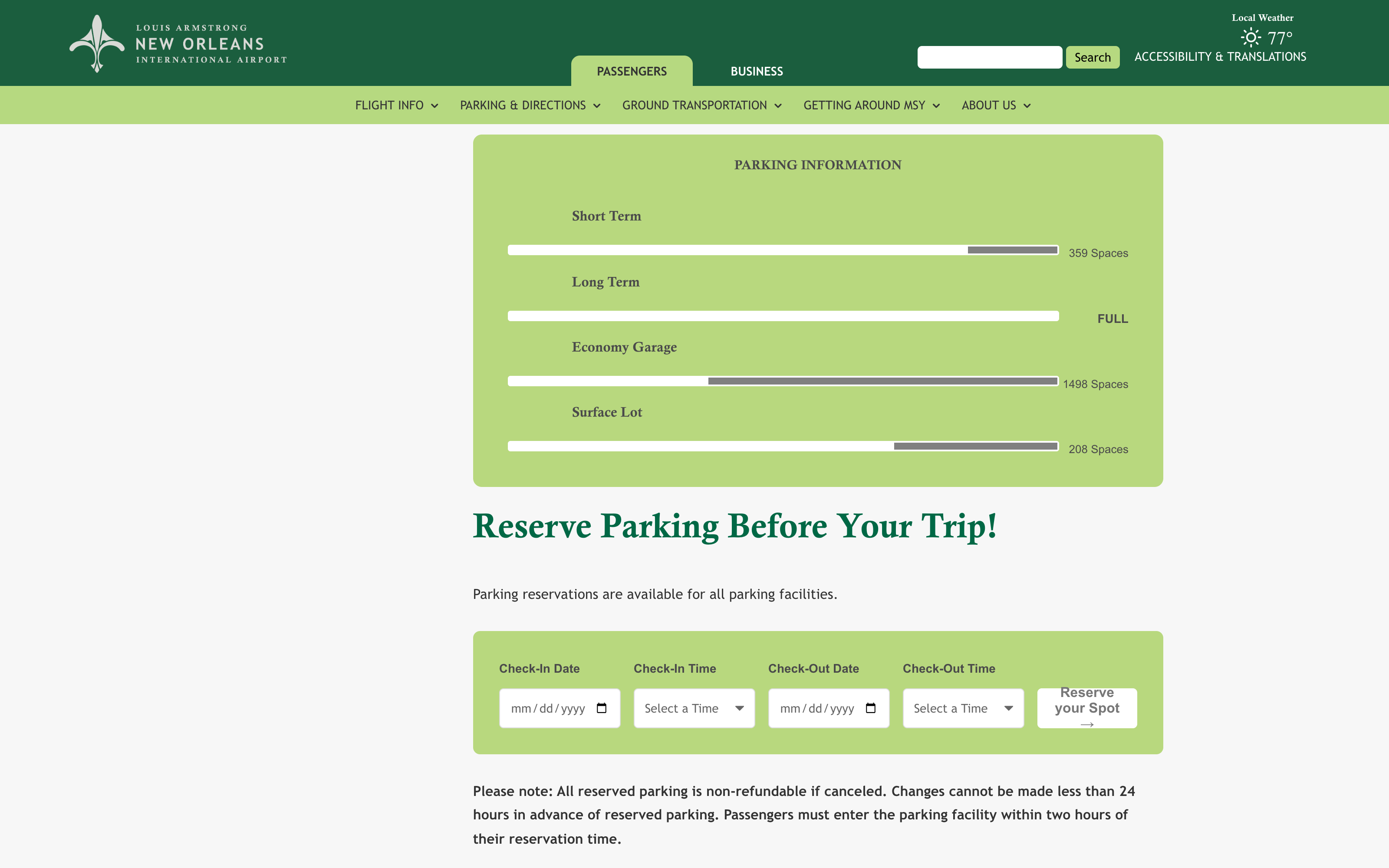 MSY parking occupancy widget with live space counts for short term, long term, economy garage, and surface lot.