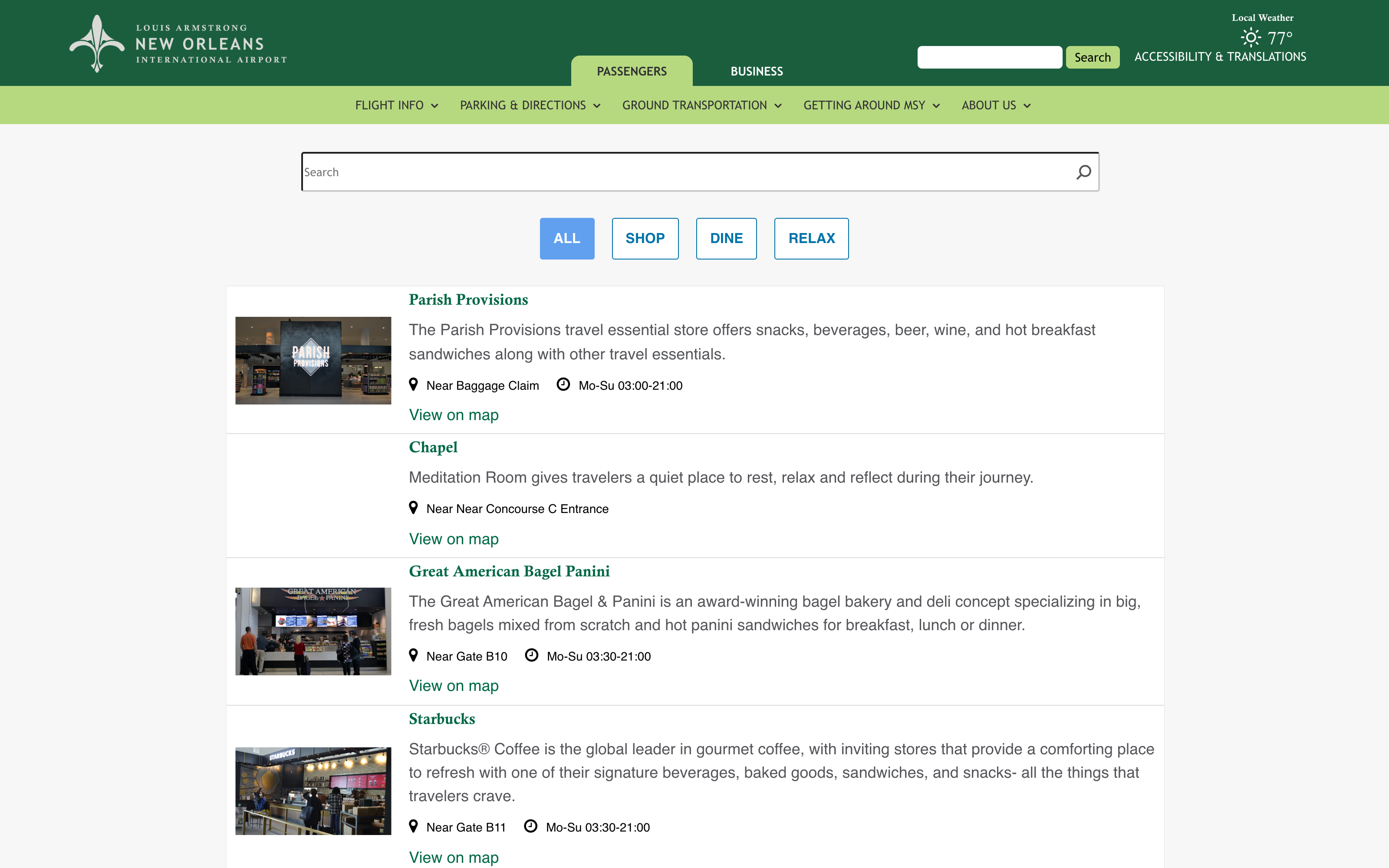 MSY shop, dine, and relax venue search with category filters, hours, and gate locations.