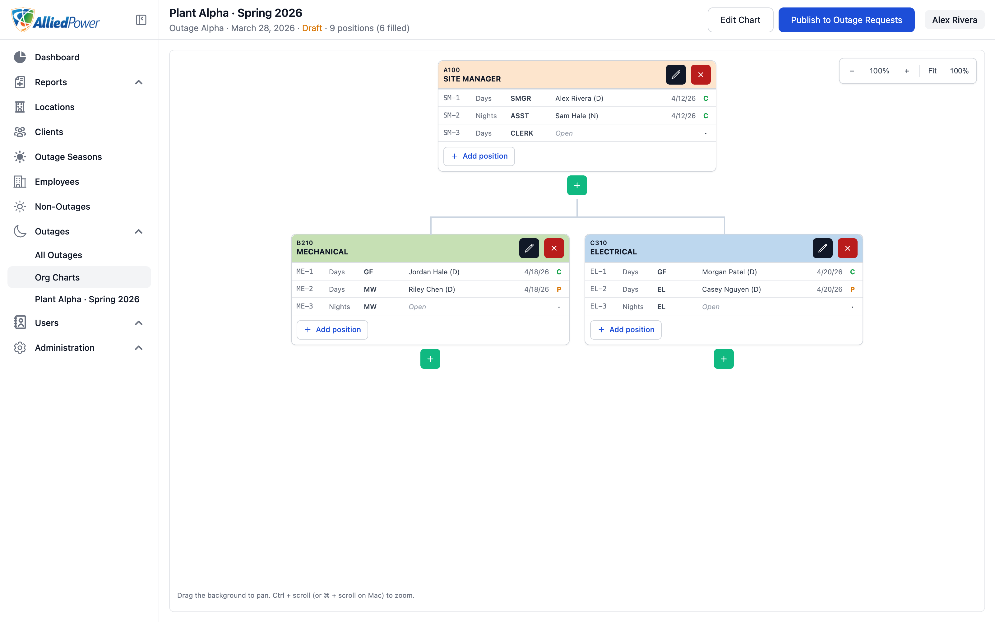 nStaffMMC org chart builder with Site Manager, Mechanical, and Electrical sections using demo names.