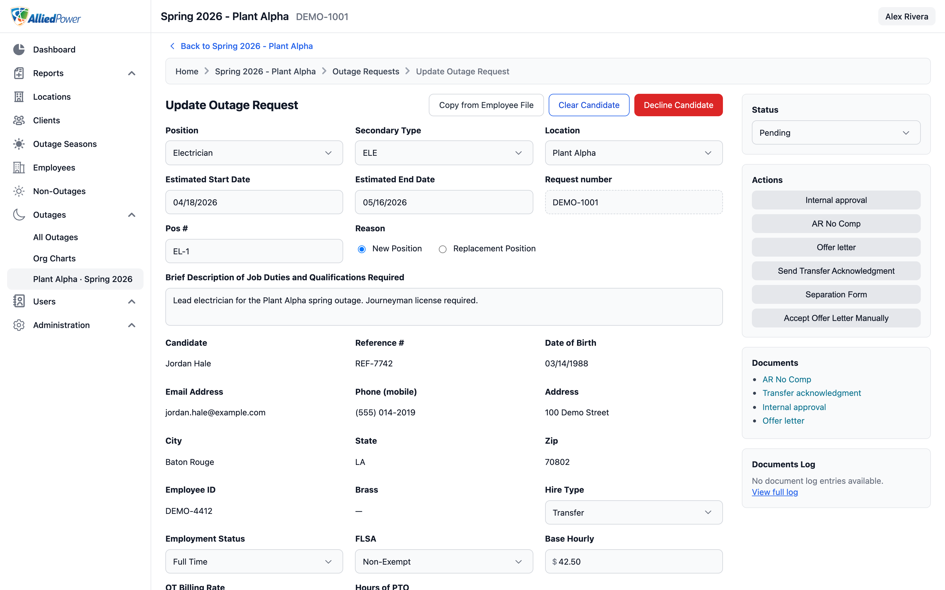 nStaffMMC update outage request form for Plant Alpha with a demo electrician candidate, pay fields, and hiring actions.
