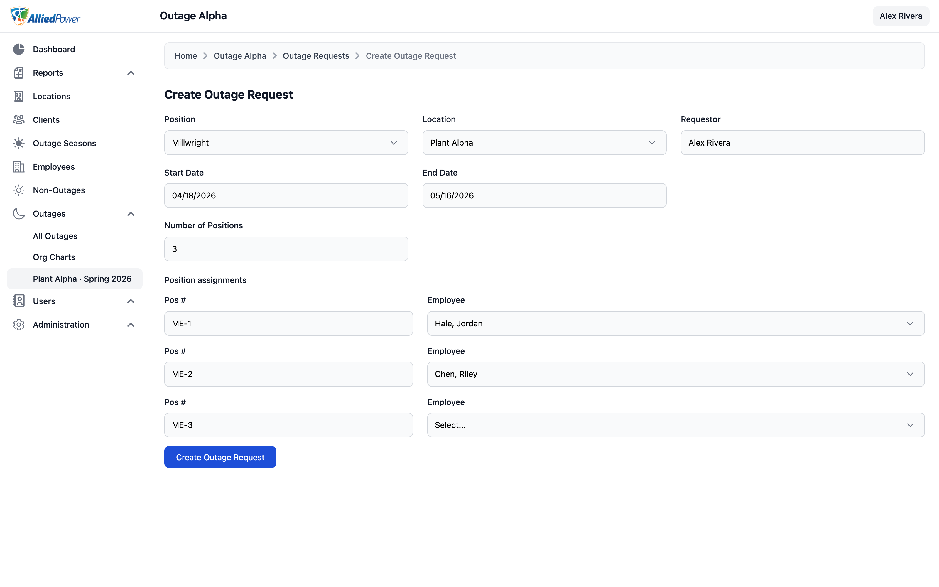 nStaffMMC create outage request form with position slots and demo employees for Plant Alpha.