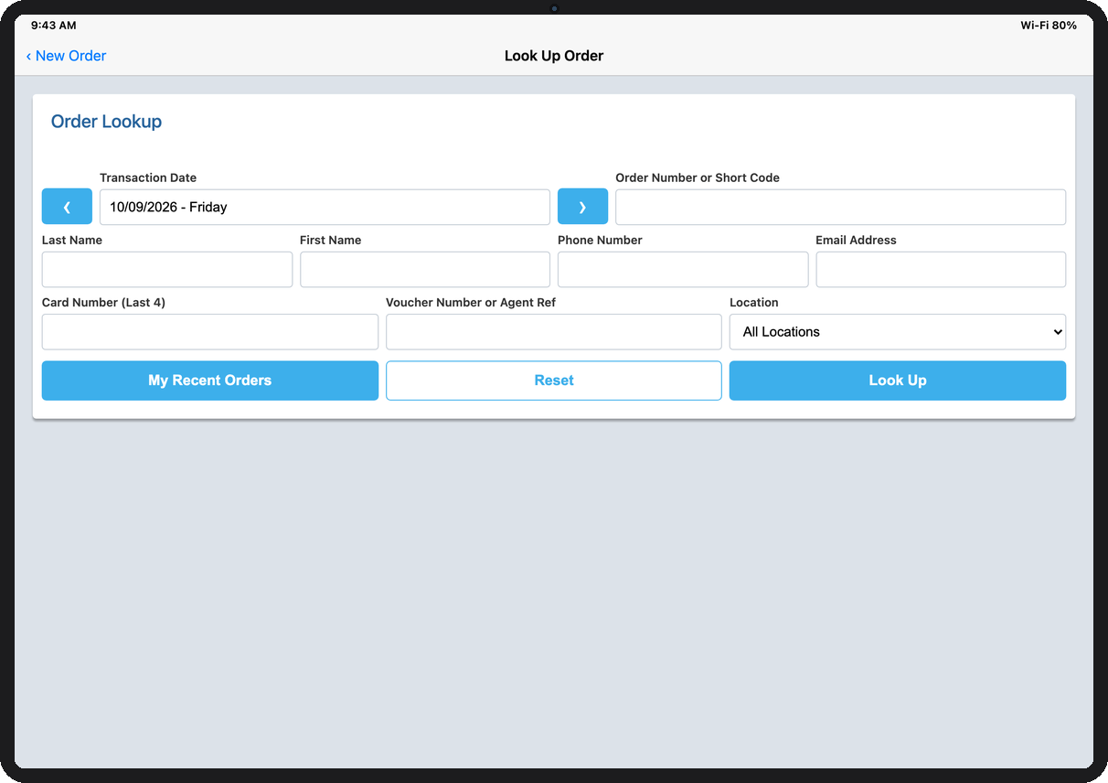 City Sightseeing POS order lookup with date, name, location, and voucher filters.