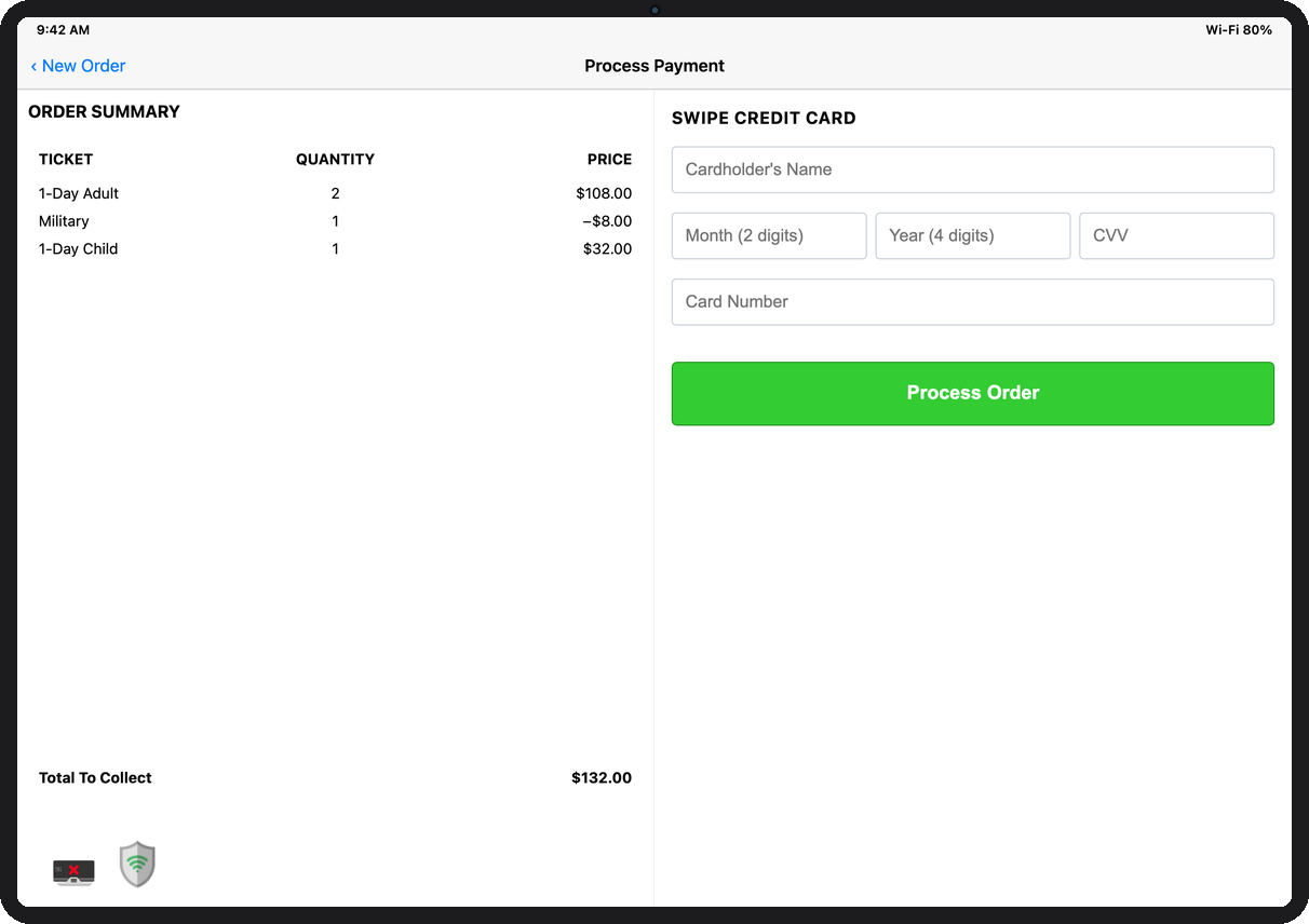 City Sightseeing POS credit payment with order summary and swipe-card fields.