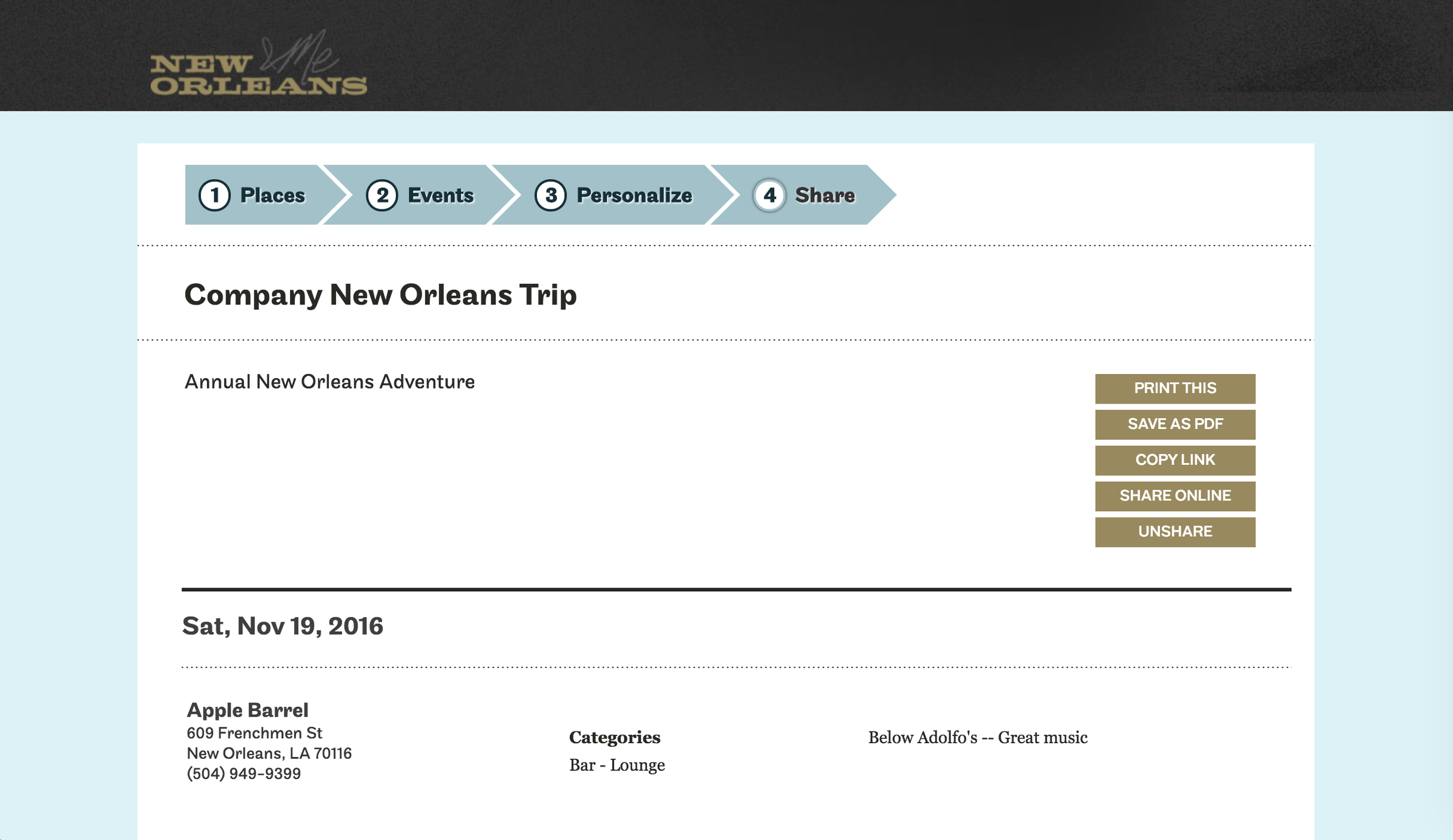 iNewOrleans trip planner share step with print, PDF, and share actions.
