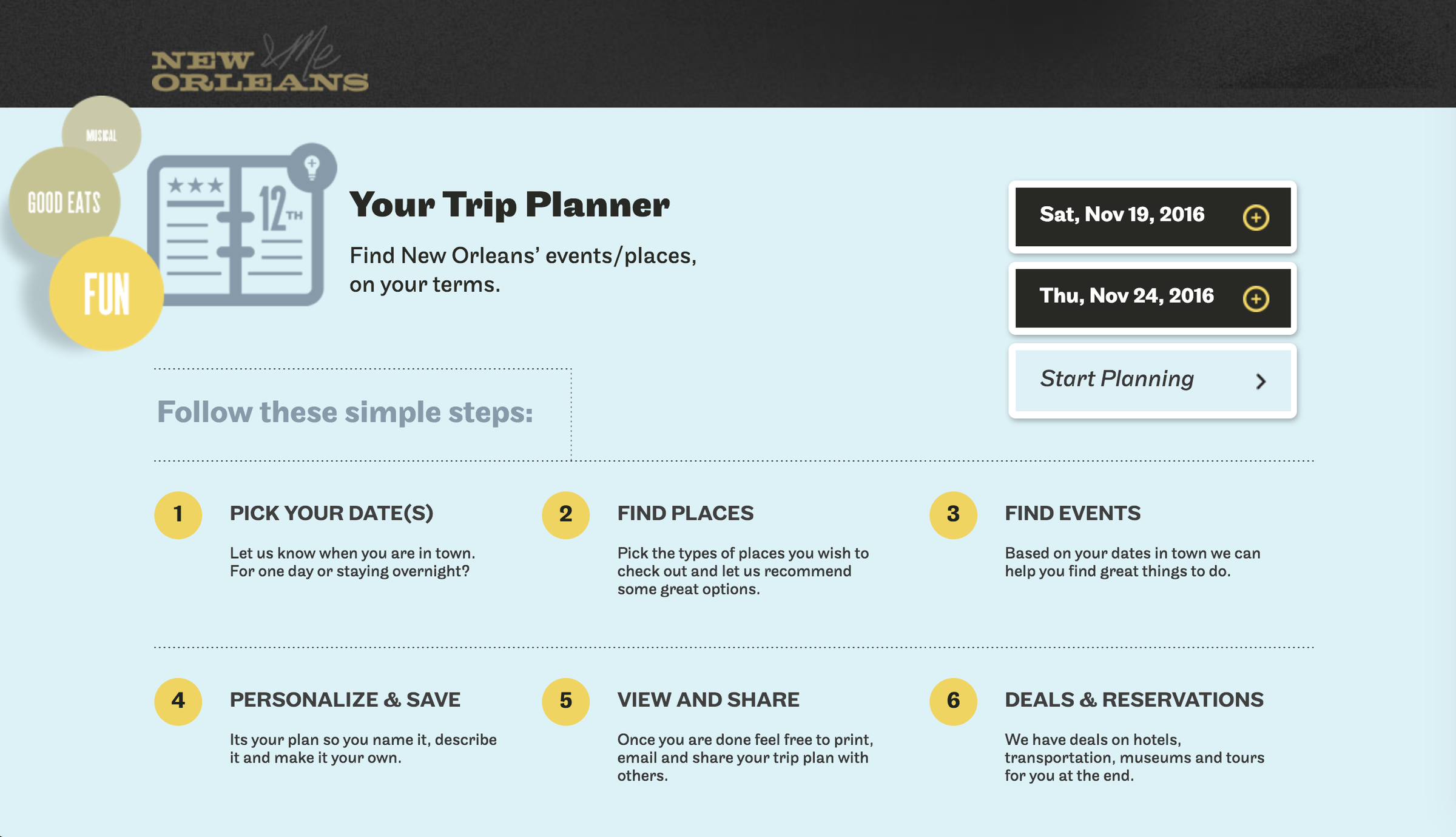 iNewOrleans trip planner landing with dates and the six planning steps.