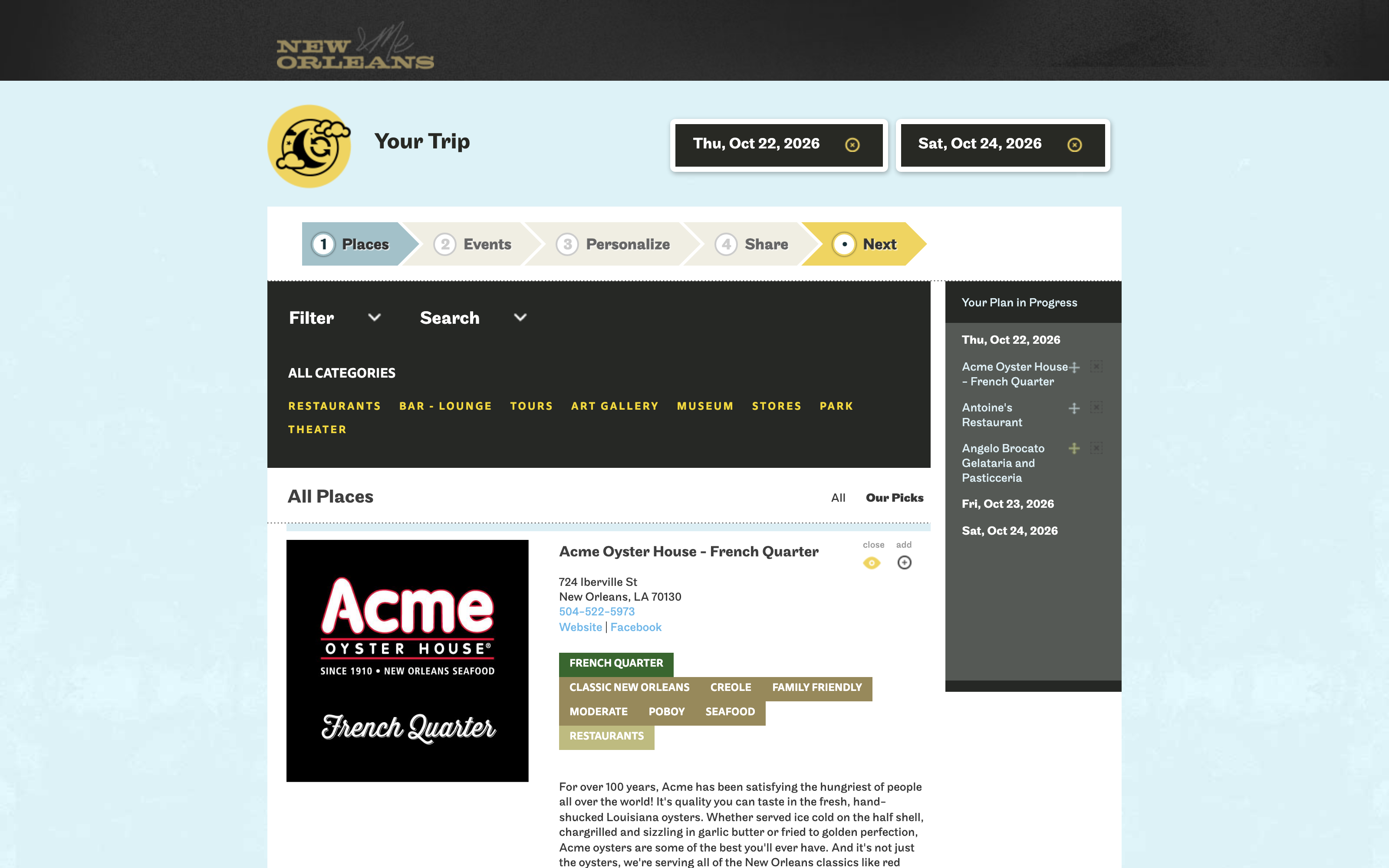 iNewOrleans trip planner with places, events, and a plan in progress.